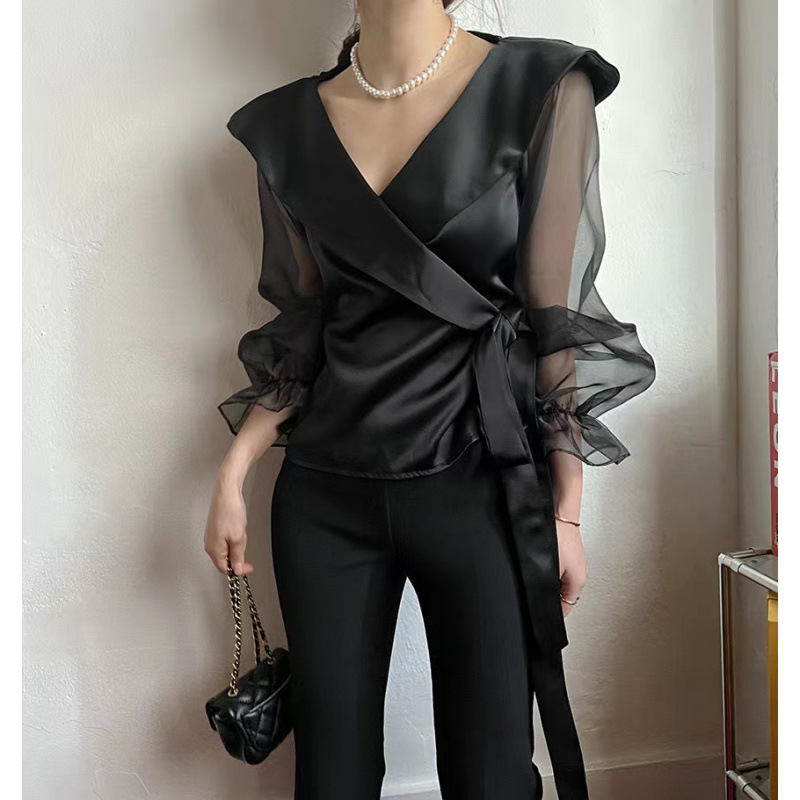 Womens V-neck Panelled Puff-Sleeve Bow-Tie-Neck Blouse - Image 4