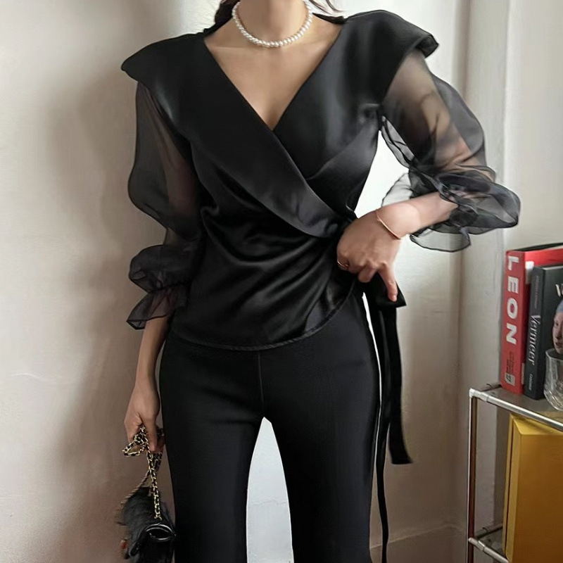 Womens V-neck Panelled Puff-Sleeve Bow-Tie-Neck Blouse - Image 5