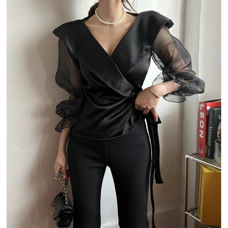 Womens V-neck Panelled Puff-Sleeve Bow-Tie-Neck Blouse - Image 6