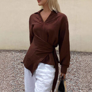 Womens Loose, Casual, Retro, Asymmetrical, Solid-Color Shirt With Ties