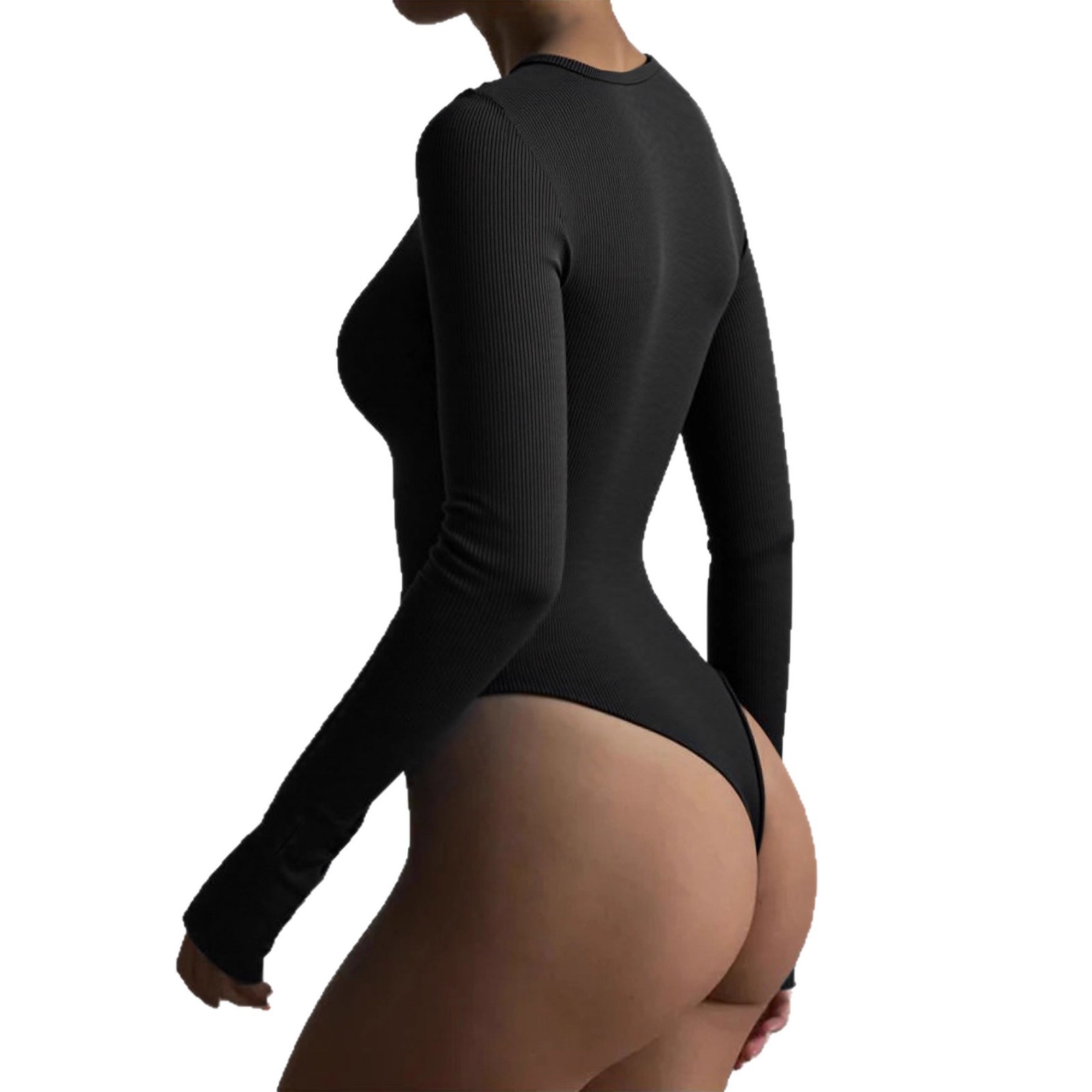 Solid Color Sexy Slim-fit Ribbed Button Long-sleeve Women's Bodysuit - Image 5