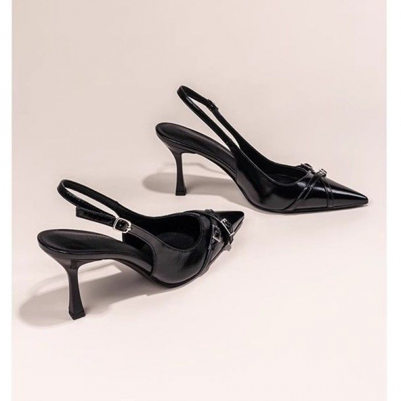 Black Ladies Stiletto Heel Pointed Toe Toe Cap Pumps - Image 2