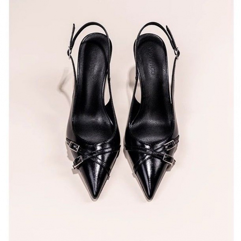 Black Ladies Stiletto Heel Pointed Toe Toe Cap Pumps - Image 4