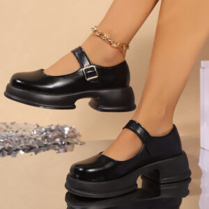 One-word Belt Buckle Shallow Mouth Flat Bottom Muffin Bottom Plus Size Stylish Women's Shoes