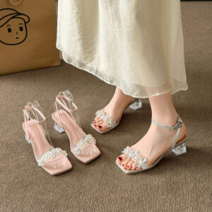 Rhinestone Flower Strap Women's High Heel Shoes