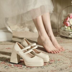 White Mary Jane Chunky Heel Wedding Shoes