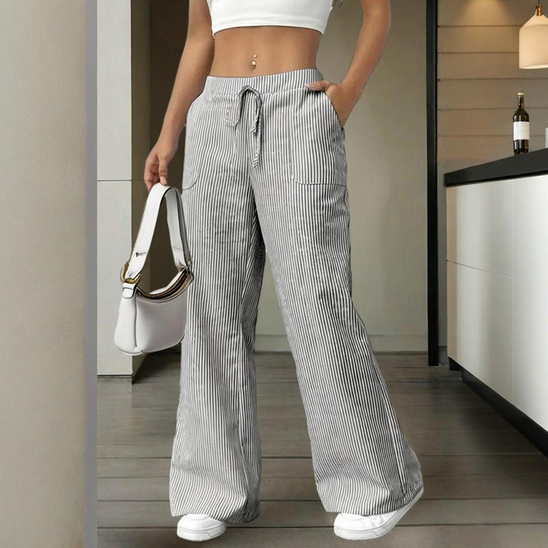 Women's Striped Wide Leg Pants With Pockets & Tie-Waist Detail - Casual Minimalist Trousers - Image 2
