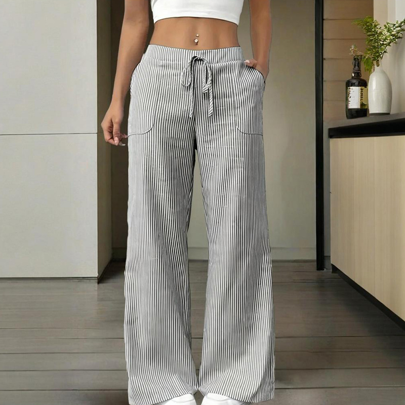 Women's Striped Wide Leg Pants With Pockets & Tie-Waist Detail - Casual Minimalist Trousers - Image 3