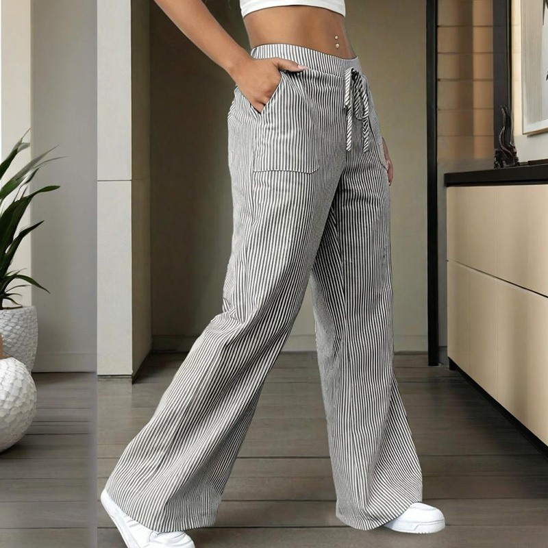 Women's Striped Wide Leg Pants With Pockets & Tie-Waist Detail - Casual Minimalist Trousers - Image 4