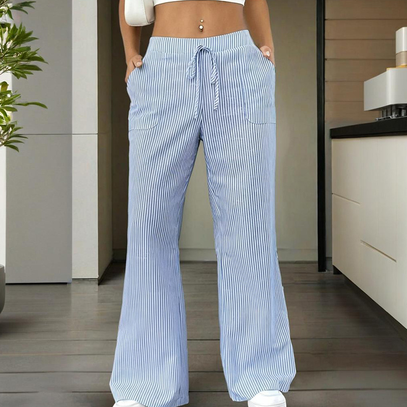 Women's Striped Wide Leg Pants With Pockets & Tie-Waist Detail - Casual Minimalist Trousers - Image 7
