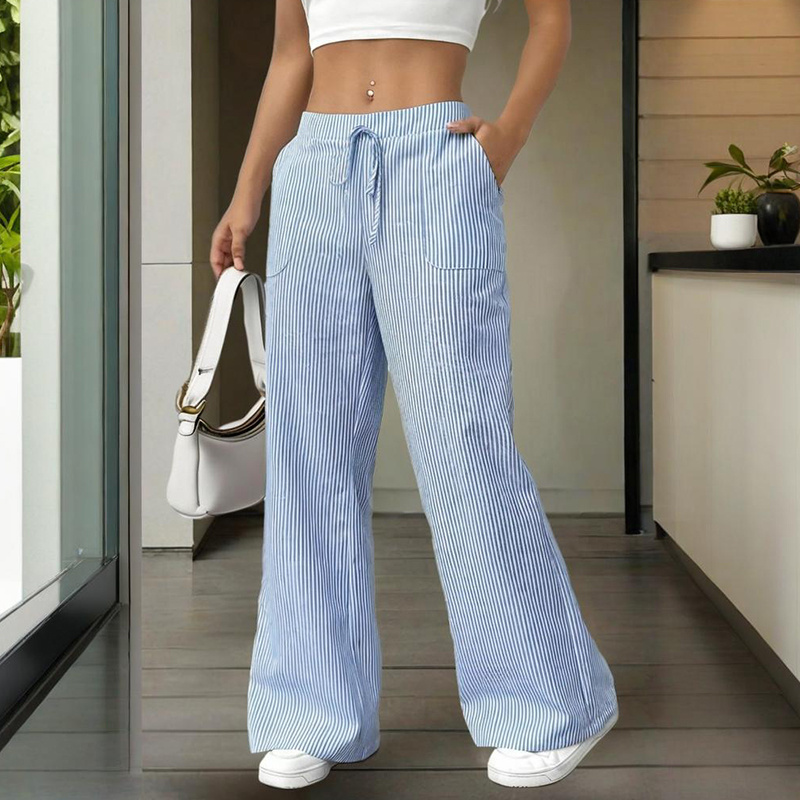 Women's Striped Wide Leg Pants With Pockets & Tie-Waist Detail - Casual Minimalist Trousers - Image 8