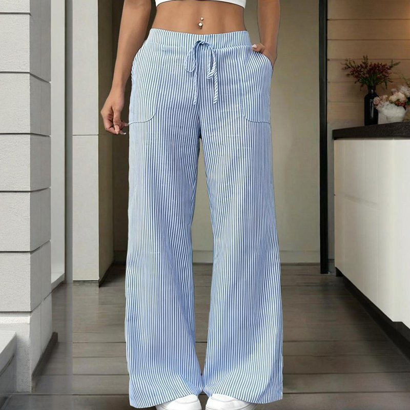 Women's Striped Wide Leg Pants With Pockets & Tie-Waist Detail - Casual Minimalist Trousers - Image 9