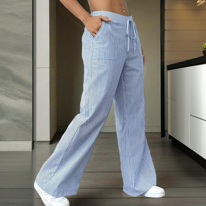 Women's Striped Wide Leg Pants With Pockets & Tie-Waist Detail - Casual Minimalist Trousers - Image 10