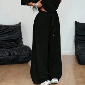 Retro Solid Color Casual Pants For Women, Loose Wide-leg Versatile