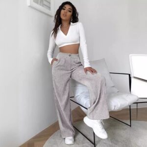 Women's High Waist Casual Pants Solid Color Corduroy Baggy Straight Trousers