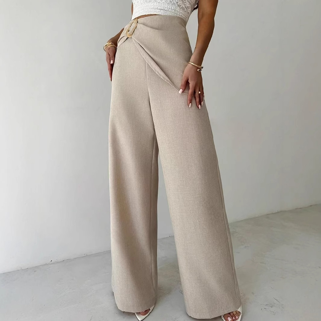 High Waist Beige Metal Buckle Wide Leg Pants - Image 2