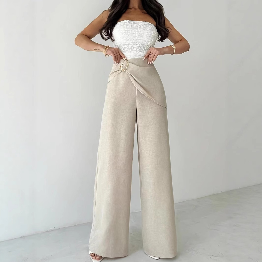 High Waist Beige Metal Buckle Wide Leg Pants - Image 3