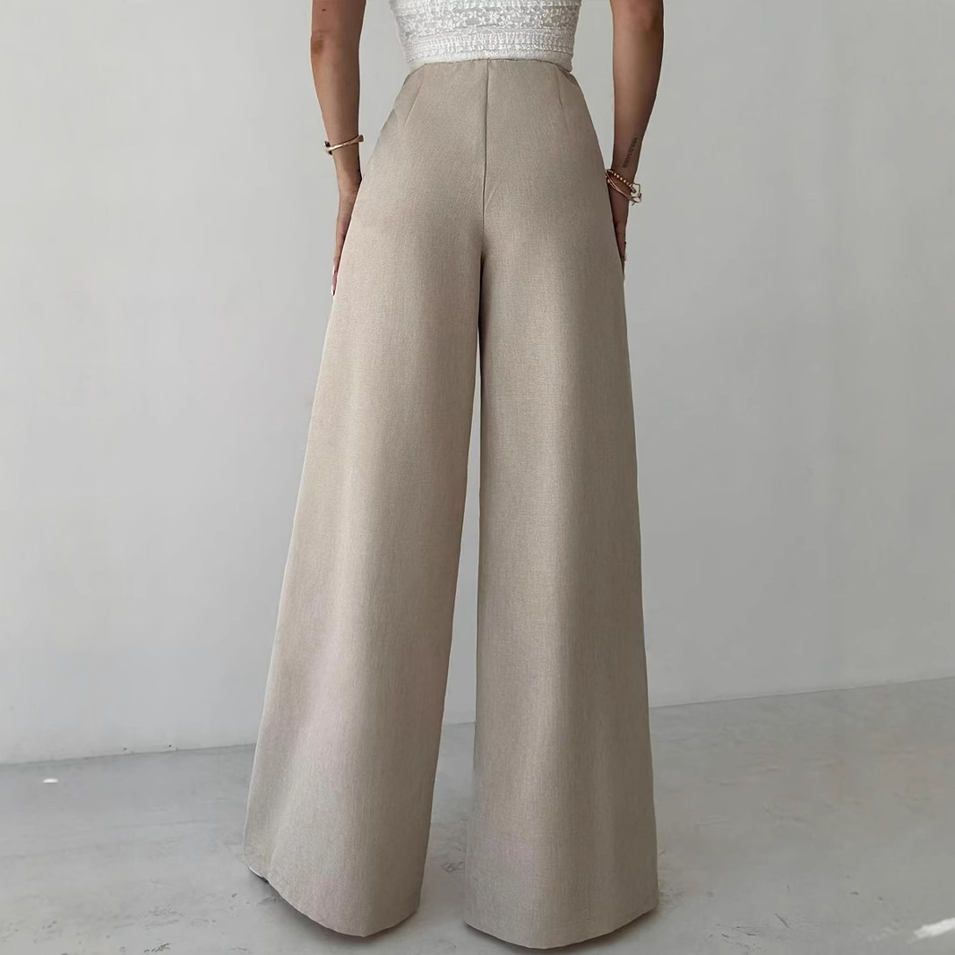 High Waist Beige Metal Buckle Wide Leg Pants - Image 4