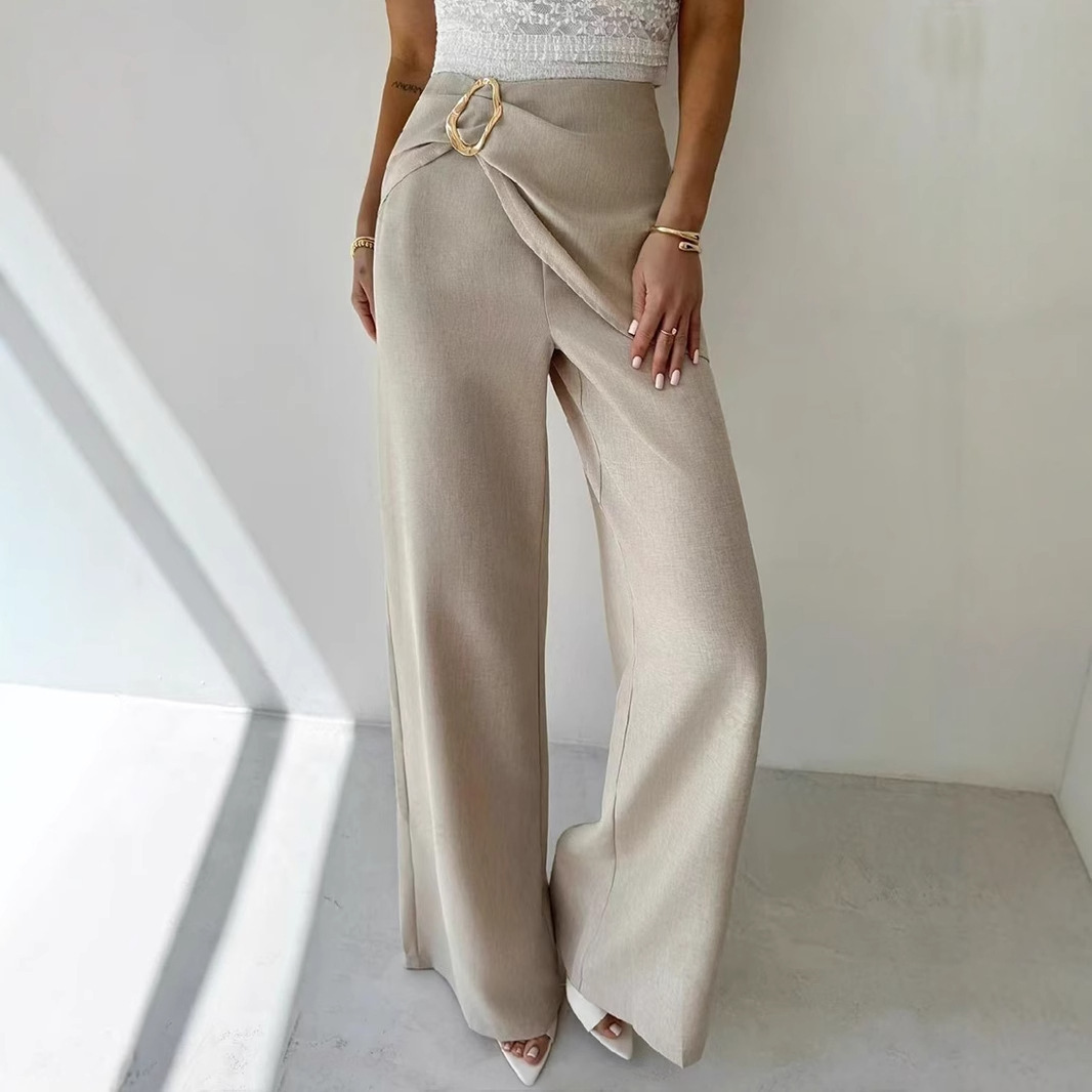 High Waist Beige Metal Buckle Wide Leg Pants - Image 5