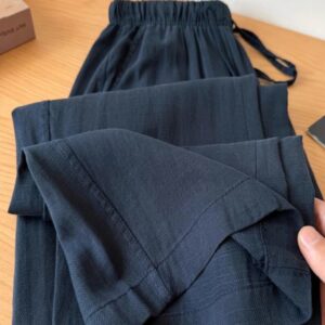 Blue Elastic Waistband Lace-up Cotton Linen Wide-leg Pants
