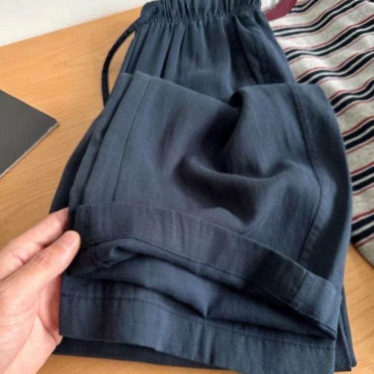 Blue Elastic Waistband Lace-up Cotton Linen Wide-leg Pants - Image 2