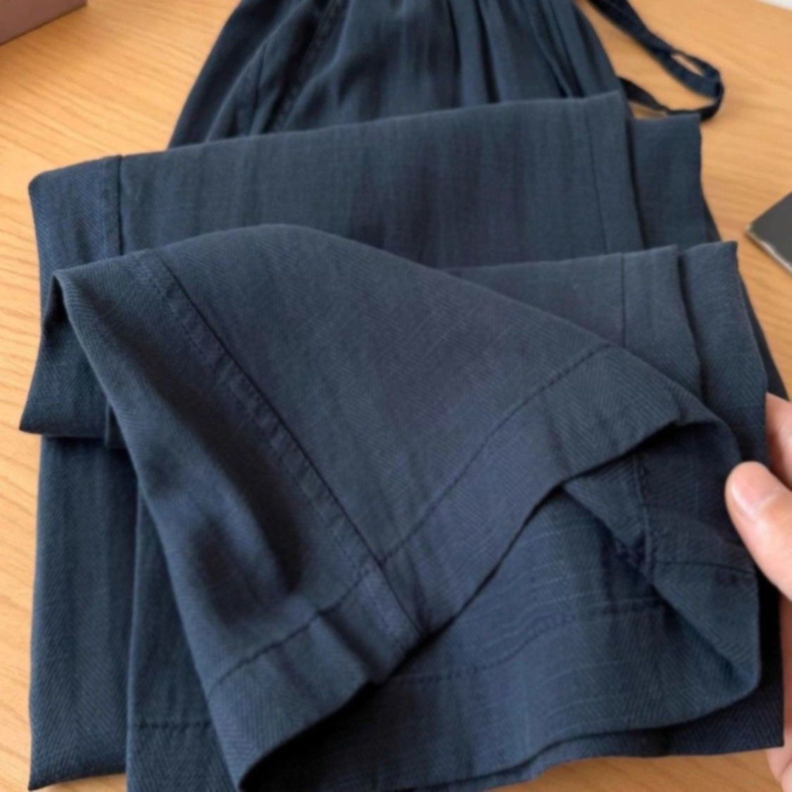 Blue Elastic Waistband Lace-up Cotton Linen Wide-leg Pants - Image 3