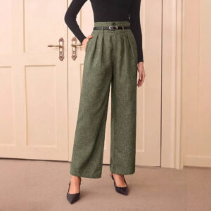 Vintage Casual All-matching High Waist Linen Blend Belt Straight-leg Pants
