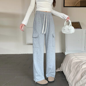 High Waist Straight Large Pocket Loose Drawstring Ankle-tied Sports Pants