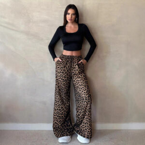 European And American Women's Clothing Satin Casual Pants Fall High Waist Leopard-print