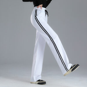 Straight-leg Sweatpants, Black And White Striped, Double-stripe, High-waisted, Wide-leg Drape Pants