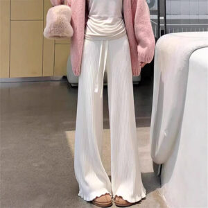 Wooden Ear Elastic High Waist Lace-up White Knitted Fabric All-match Wide Leg Pants