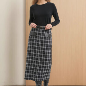 New High-waist Fashionable Retro Plaid Patchwork Knitted Skirt