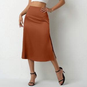 Popular Satin Midi Summer Long Slit Office Skirt