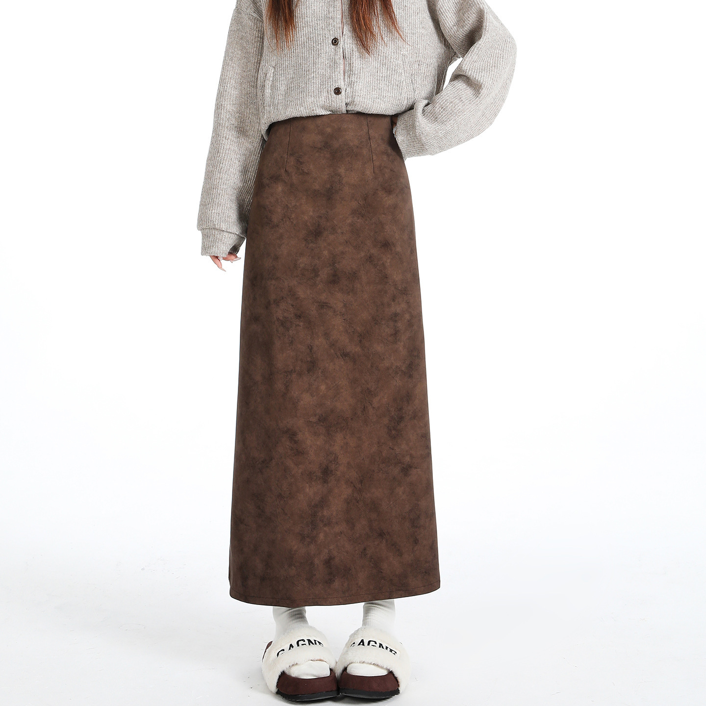 High Waist Slimming Straight Slit Tie Dye Pu Leather Skirt - Image 2