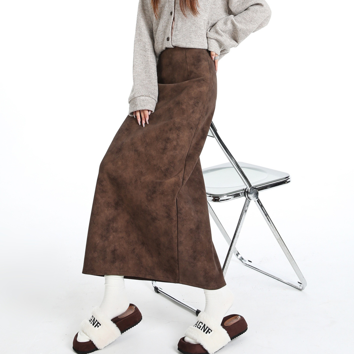 High Waist Slimming Straight Slit Tie Dye Pu Leather Skirt - Image 4