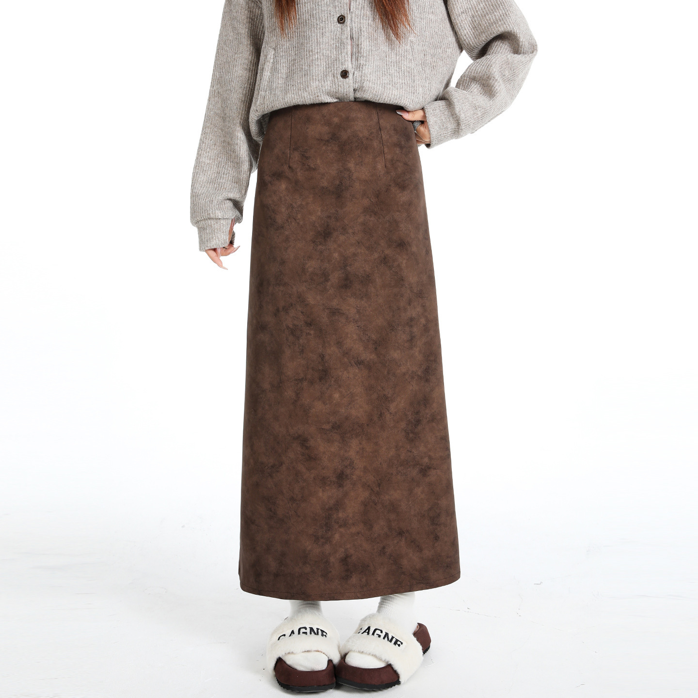 High Waist Slimming Straight Slit Tie Dye Pu Leather Skirt - Image 7