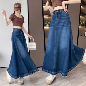 High-waisted Slim-fit Denim Midi Skirt With A Draping Effect