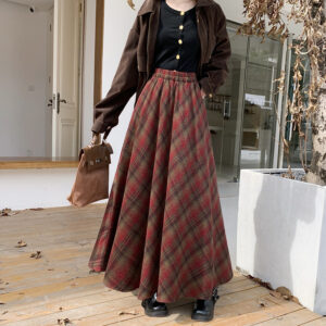 Thickened Woolen Plaid Color-blocked Long Flared Skirt