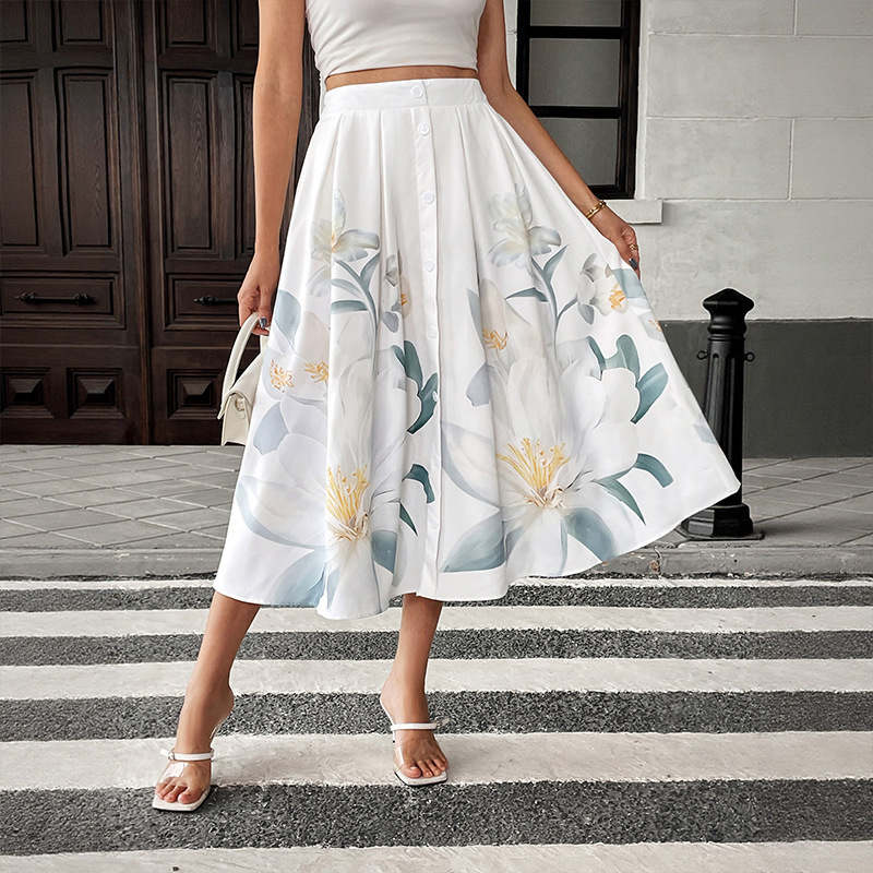 Casual Vacation Sweet Style Button-Decorated Floral Print Skirt