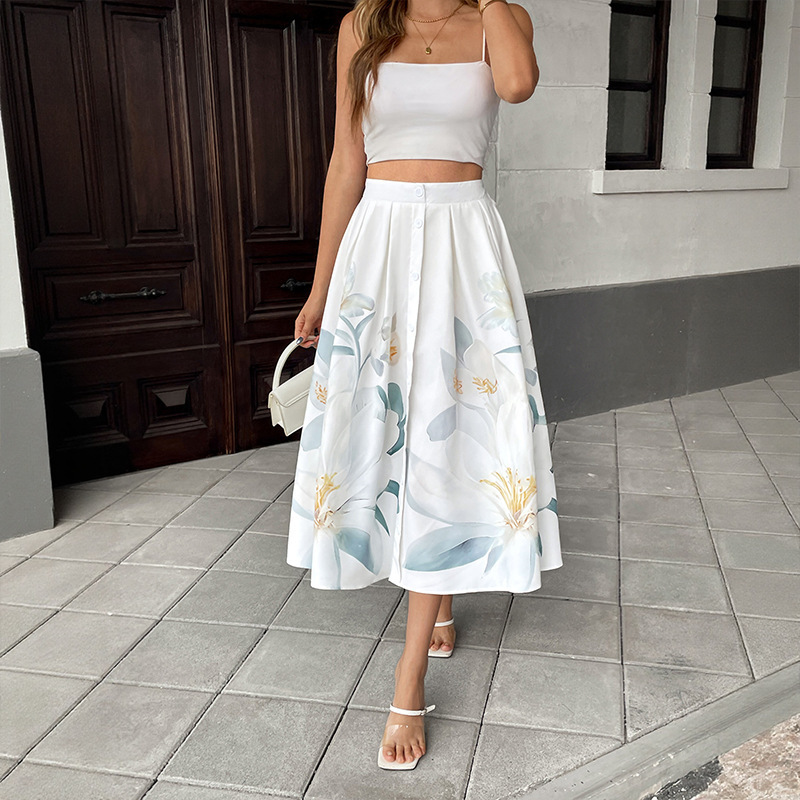 Casual Vacation Sweet Style Button-Decorated Floral Print Skirt - Image 3