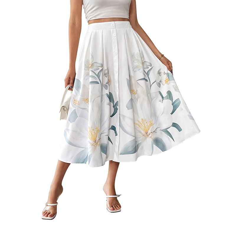 Casual Vacation Sweet Style Button-Decorated Floral Print Skirt - Image 5