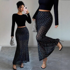 Shimmery Sequin Doublelayer Mesh Highwaist Figurehugging Hipskimming Skirt