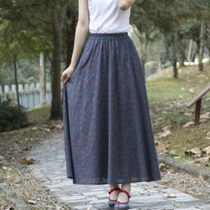 Women's Ethnic Style Cotton And Linen Half-length Elastic Waist Large Swing Skirt A- Line Skirt