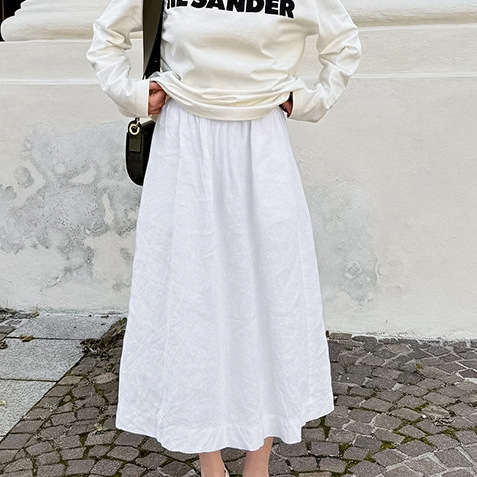 White Cotton Linen A- Line Skirt Loose High Waist Half-length