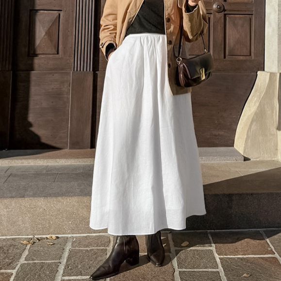 White Cotton Linen A- Line Skirt Loose High Waist Half-length - Image 3