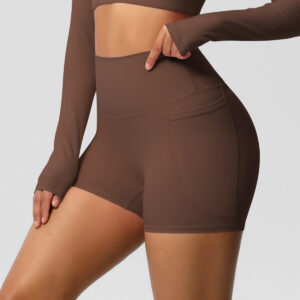 Brushed Solid Color Pocket High Waist Tight High Elastic Yoga Shorts