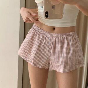 Hot Girl Loose Plaid Wide Leg Shorts Elastic Waist Button Casual Home Hot Pants