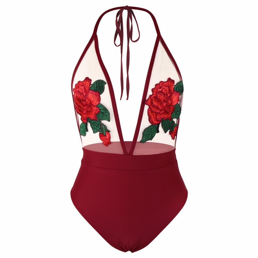 Embroidered Halter Sexy Lingerie Siamese Bikini - Image 3