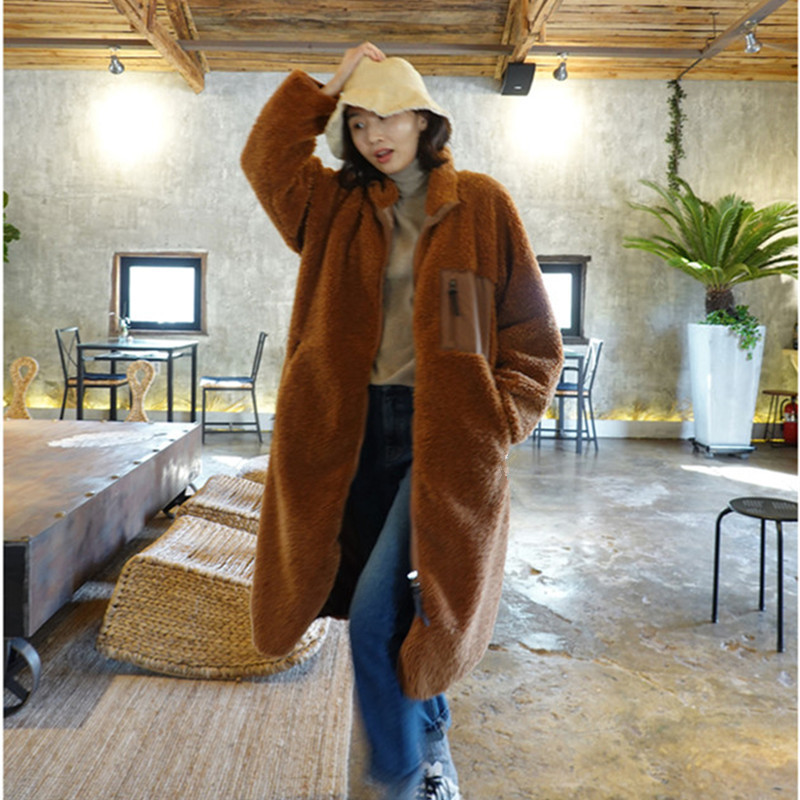 Stand Collar Color Matching Lambswool Two-sided Zipper Coat - Image 2