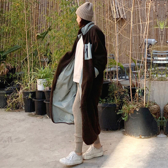 Stand Collar Color Matching Lambswool Two-sided Zipper Coat - Image 6